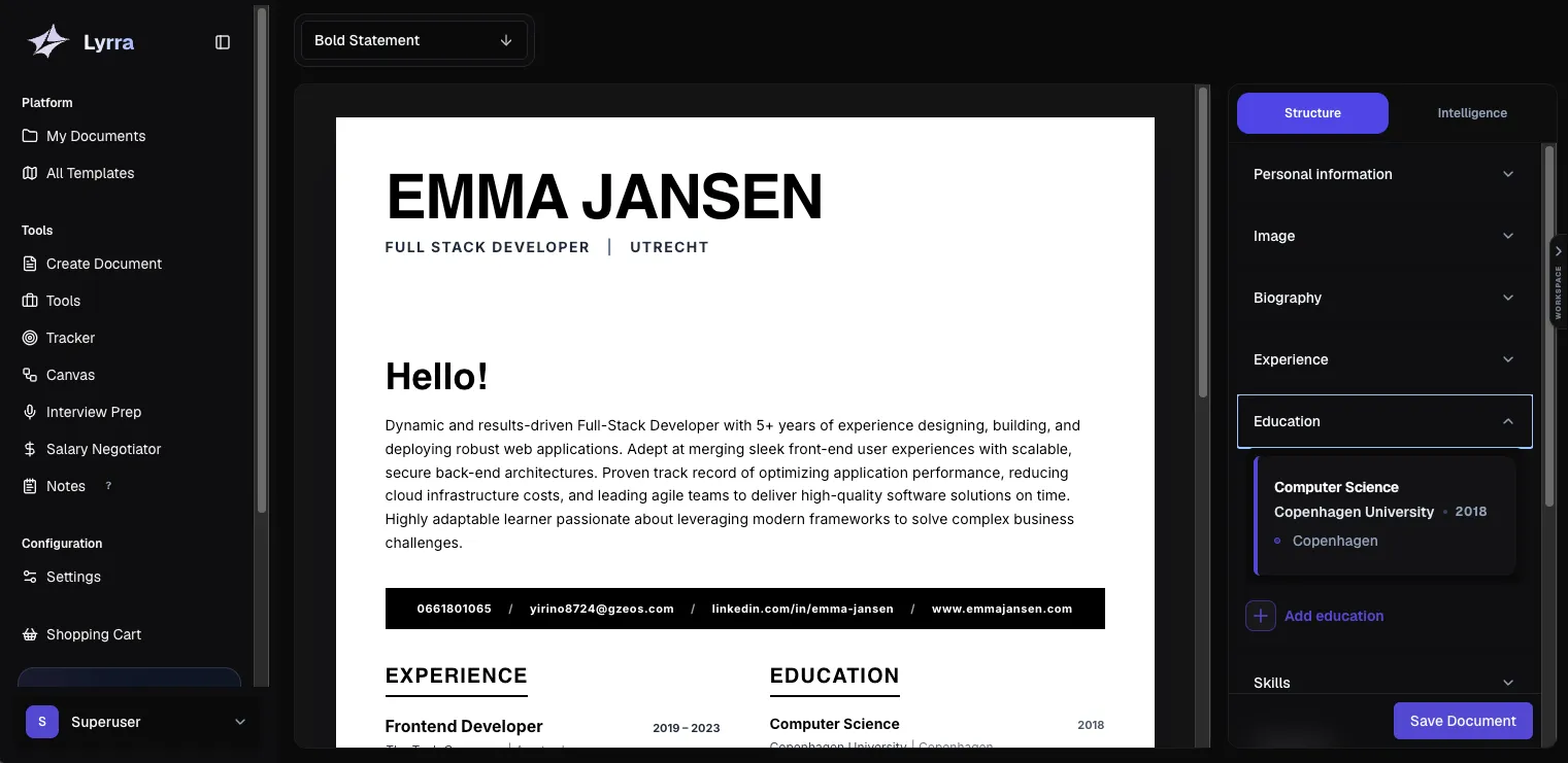 Resume and cover letter builder interface