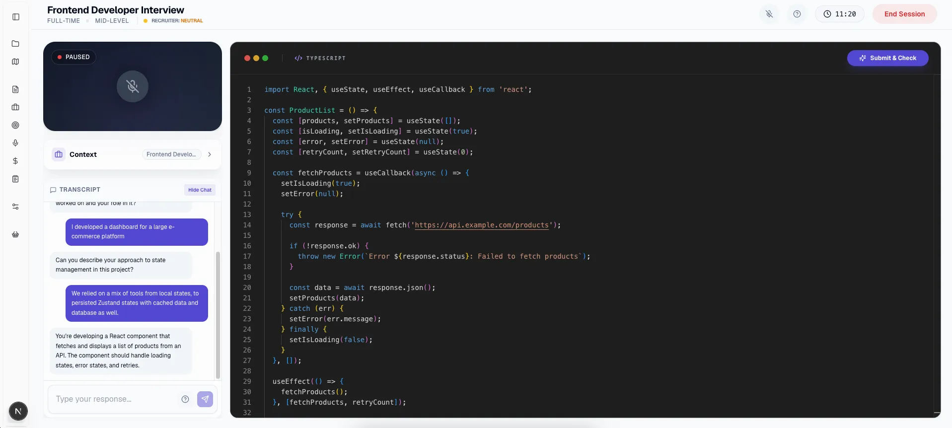 Visual representation of the coding interview with the chat opened