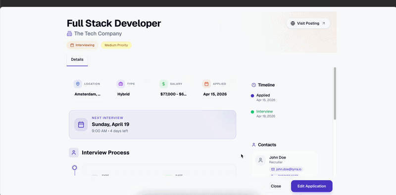 Quick view of the job application entry (with all the details related to the job application entry)