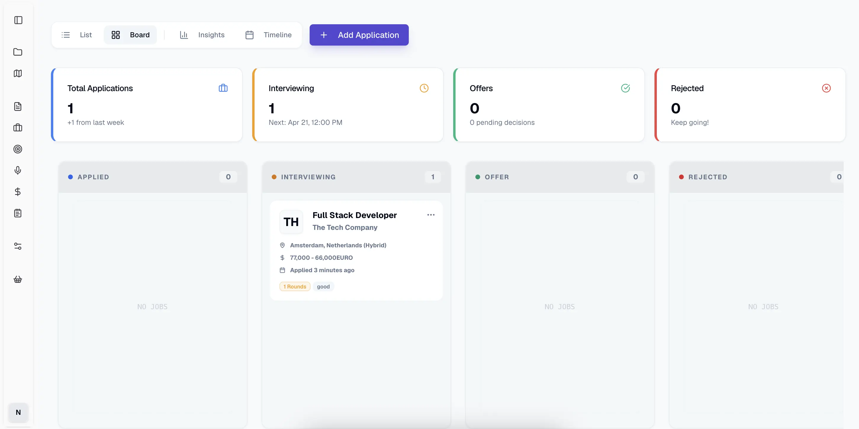 Kanban board view of job applications organised by recruitment stage.