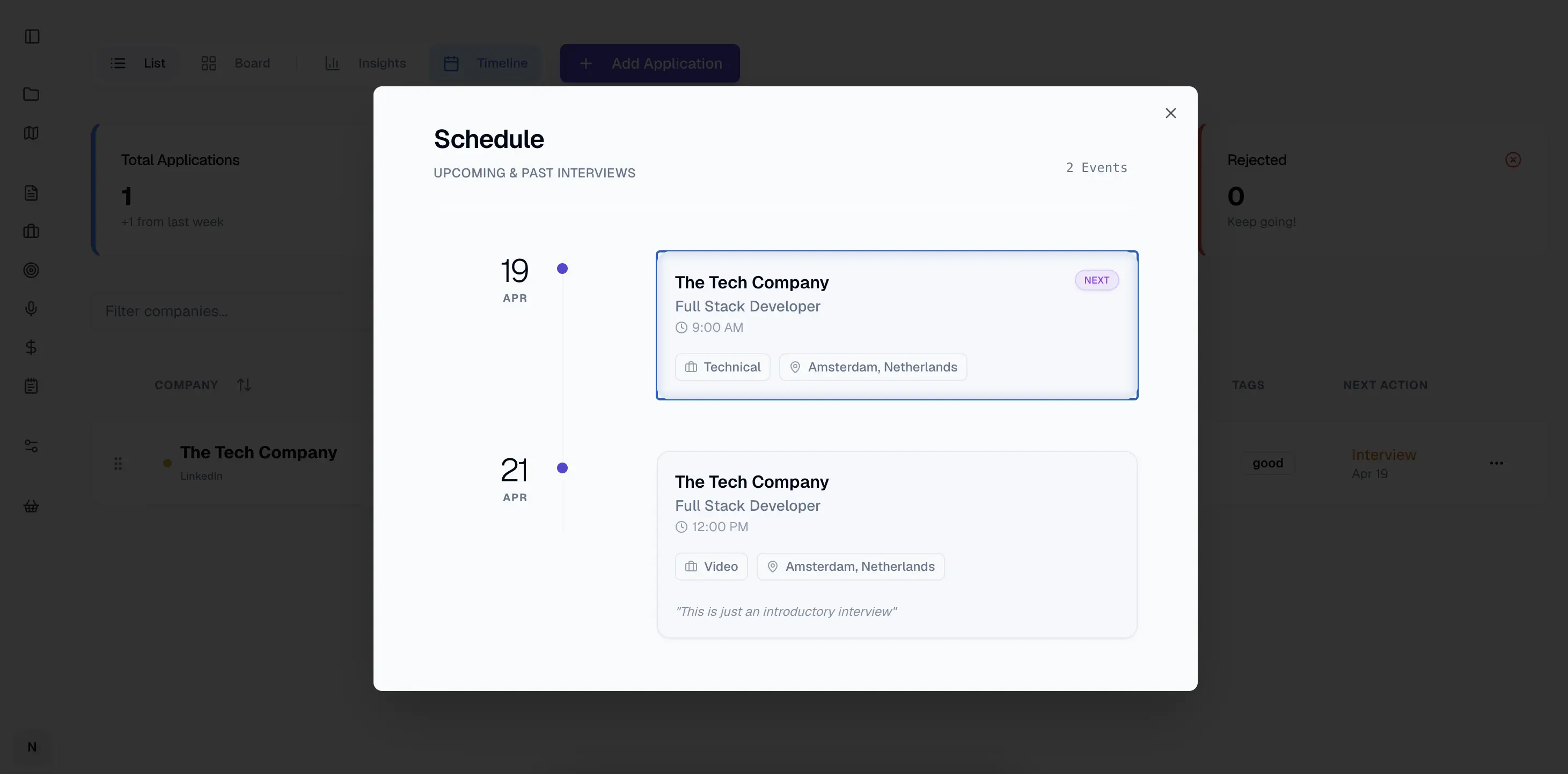 Interface for logging the interview timeline and company-specific notes.