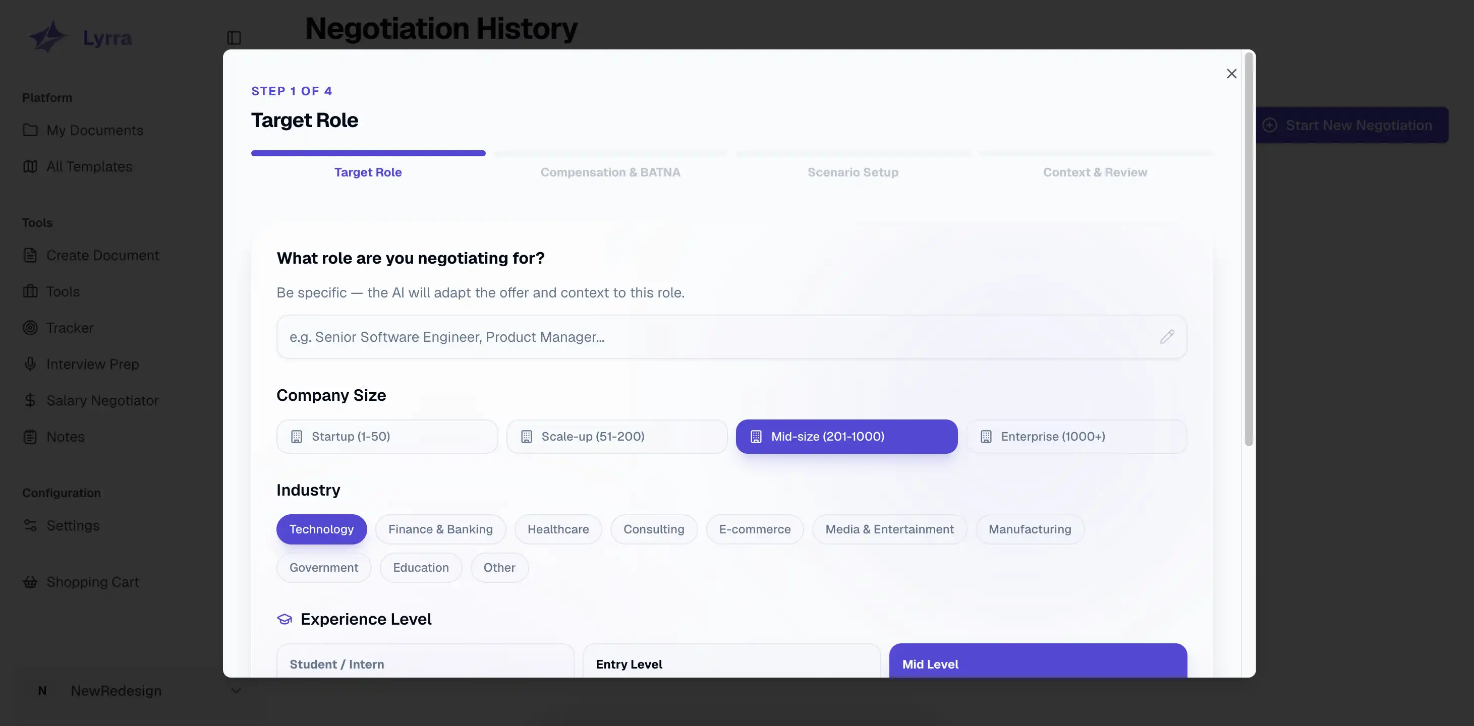 Representation of the salary negotiation setup for a custom experience