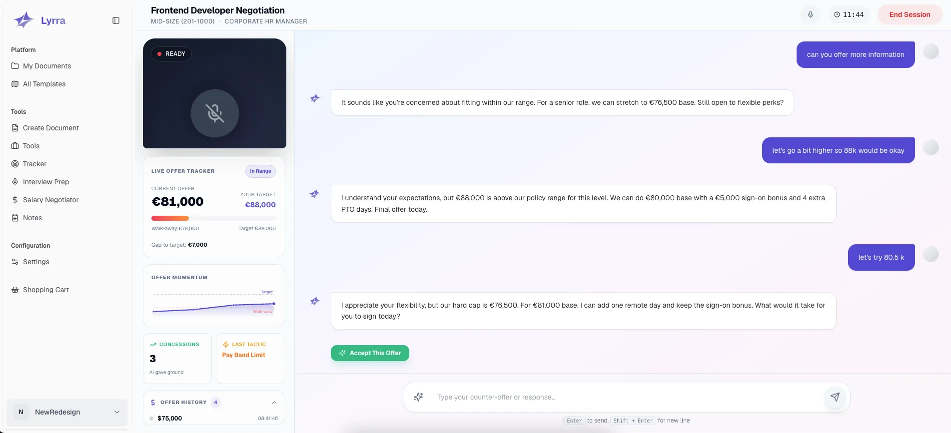 Image of the negotiation chat and audio conversation