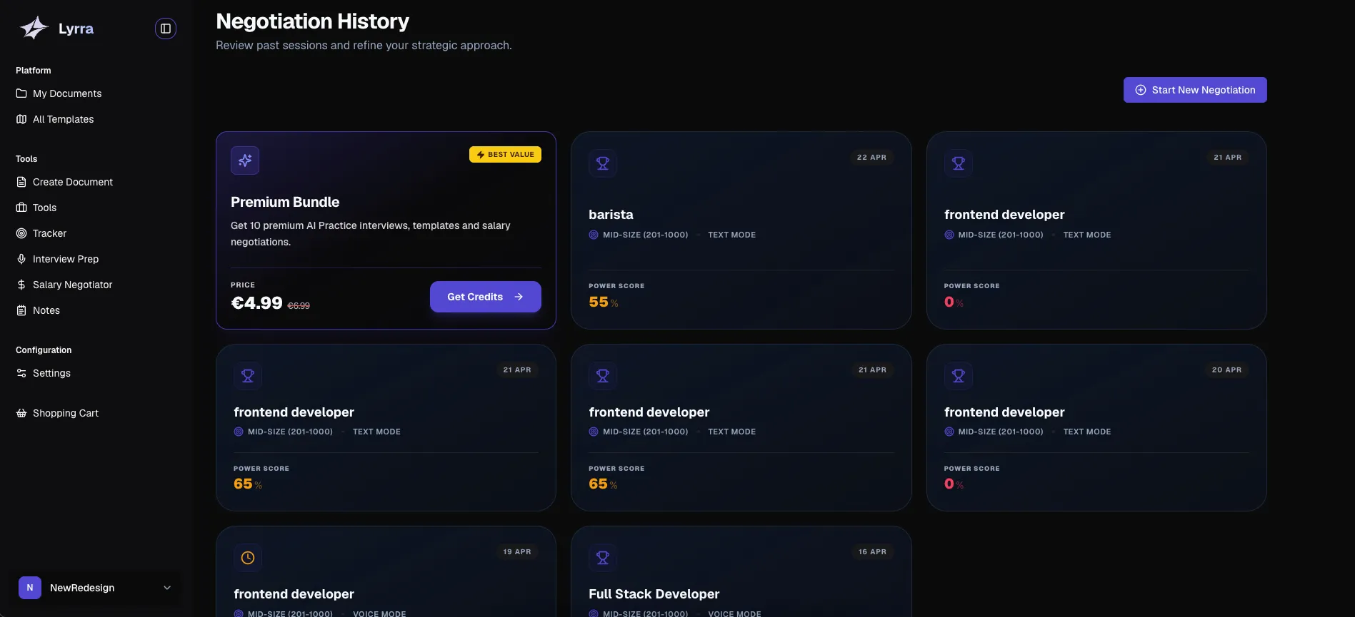 A view of multiple past negotiation entries