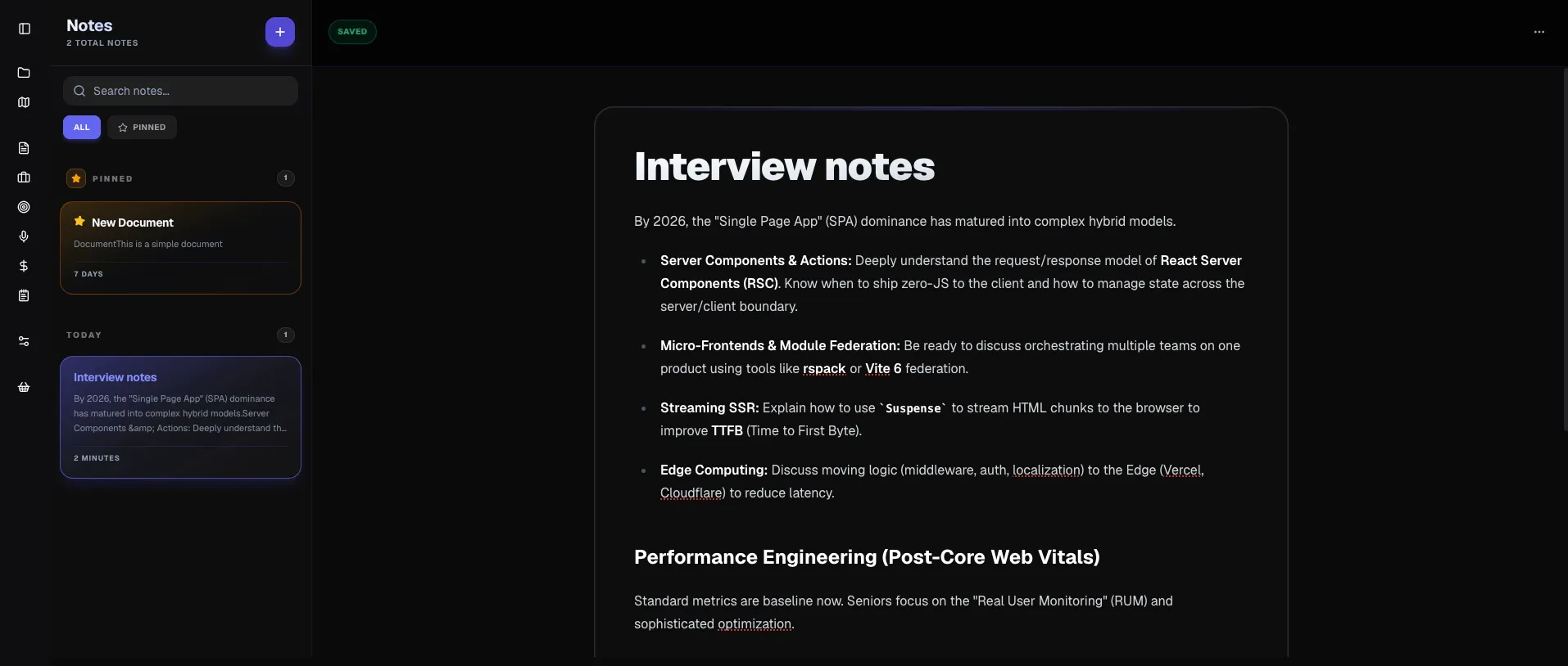 Example of filled in note in dark mode